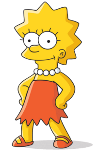 A yellow-skinned cartoon character. She has large, beady eyes and is wearing a strapless red-orange dress and sandals, and a white beaded necklace. She has her hands on her hips and smiles slightly.