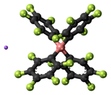 Ball-and-stick model of the component ions of lithium tetrakis(pentafluorophenyl)borate