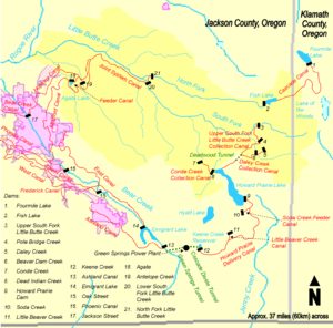 The Cascade Canal connects Fourmile and Fish lakes in the northeast portion of the watershed. Four dams divert water from the south fork of Little Butte Creek and its tributaries through the Deadwood Tunnel to Howard Prairie Lake to the south. Two other dams from Dead Indian and Conde creeks also divert water to Howard Prairie Lake. Water from Howard Prairie Lake flows through a canal to Keene Creek Reservoir, then through the Cascade Tunnel and Greensprings Power Plant. It travels through Greensprings Tunnel and spreads out into a large system of canals in the Rogue Valley. To the north, Water from the north and south forks are diverted to Agate Lake and also to the Rogue Valley. In total, 18 canals and 21 dams are related to the Little Butte Creek watershed.