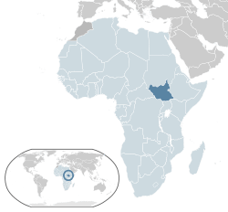 Location of  South Sudan  (dark blue)– in Africa  (light blue & dark grey)– in the African Union  (light blue)