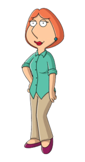 A cartoon drawing of a woman with red hair or orange hair, with her hand on her hip, red hair, and a blue-green blouse with tan pants.