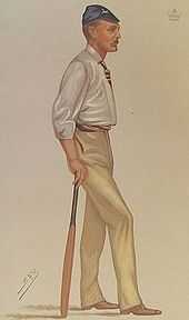 Caricature of a tall thin man with a moustache holding a cricket bat