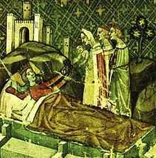 A crowned woman lying in a bed and stretches her hands towards a crowned baby hold by a woman