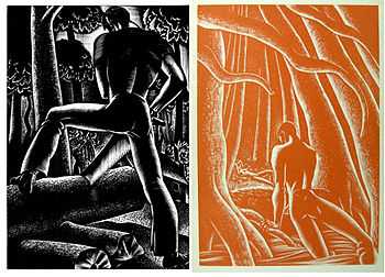 Two monochrome images.  The left, in black, depicts a man from behind sawing wood, and the right, in orange, a man in the woods emergin from the water, directing himself toward a nude female who lies on the ground in the distance.