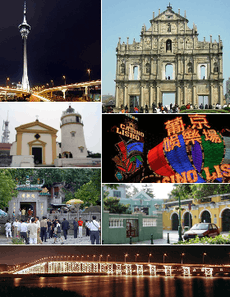 Clockwise from top right:Ruins of St. Paul's; Casino Lisboa; St.  Joseph Seminary Church; Governor Nobre de Carvalho Bridge; A-Ma Temple; Guia Fortress; Macau Tower.