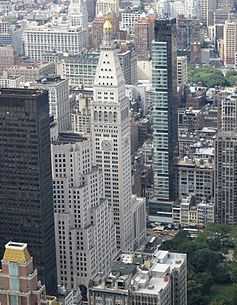 A view of several New York City buildings from the air, looking north from above approximately 20th Street