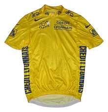 A yellow jersey, imprinted with the texts "Credit Lyonnais" and "Tour de France".