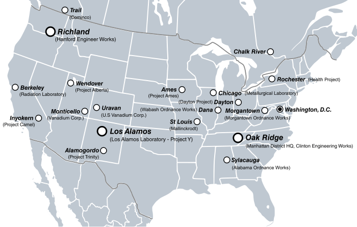 Map of the United States and southern Canada with major project sites marked