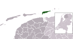 Highlighted position of Schiermonnikoog in a municipal map of Friesland