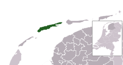 Highlighted position of Terschelling in a municipal map of Friesland