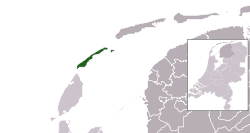 Highlighted position of Vlieland in a municipal map of Friesland