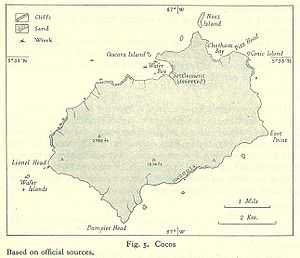  island outline with some marked features including the locations of two shipwrecks in an area identified as Wafer Bay