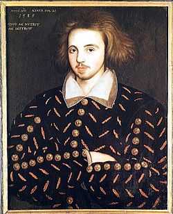 Portrait with front view of a man with long hair, moustache, and arms folded, a putative portrait of Christopher Marlowe (Corpus Christi College, Cambridge).