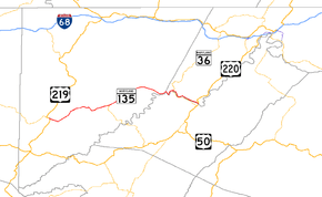 A map of far western Maryland showing major roads.  Maryland Route 135 connects Oakland with southern Allegany County.