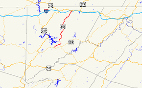 A map of far western Maryland showing major roads.  Maryland Route 495 connects MD 135 with I-68 and US 40 Alt. in central Garrett County.