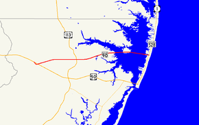 A map of northern Worcester County showing major roads.  Maryland Route 90 runs from US 50 near Whaleyville to the northern part of Ocean City.