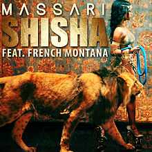 A young woman wearing Middle Eastern attire has a lion on a leash with a big carpet rug in the background. The word "Shisha" is written in gold capital letters.