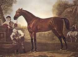 Painting of a standing next to two men, one of whom is holding the horse's bridle, the other is pouring water into a water trough.