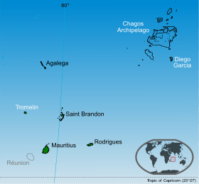 Islands of the Republic of Mauritius labelled in black, Tromelin and Chagos archipelago are claimed by Mauritius.