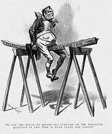 A political cartoon. An imperially confident-looking man in an exaggerated military officer’s uniform sits upon a plank of wood marked “Financial question,” which is balanced between two saw-horses. The man’s weight is bending the wood rather dramatically.