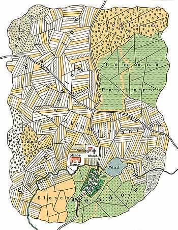 A map in ink and colour wash, showing an archetypal medieval village in the centre with numerous field divided into strips radiating out across the view.