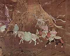 A square painting depicting three men on horses, as well as a fourth horse not being ridden, moving in a two by two formation. The two men at the back are on horses that have splint armor covering the tops of their bodies and leather armor covering the sides of their bodies. The horses' necks are covered in red cloth, possibally also armored.