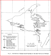 This map shows the distribution of Michigan's Upper Peninsula's crystalline rocks. One is a southerly band from the Marquette area and the other straddles the Michigan-Wisconsin border, with a southwesterly orientation.