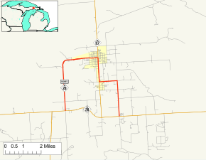 M-28 runs across from west to east with Business M-28 looping through downtown north of M-28. M-117 runs from the south to north, joining M-28 and Business M-28 through Newberry, Michigan