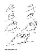 A set of seven drawn outlines of a peninsula depicting how it changed through its history.