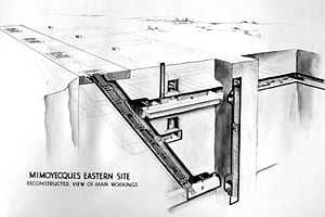 Artist's impression of the Mimoyecques installation showing a railway tunnel, vertical and horizontal shafts, and the angled shafts in which the guns were to be installed