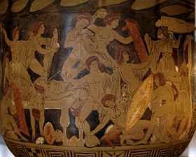  Stylised drawing taken from a Greek vase, of numerous naked or near-naked figures, some bearing weapons, some being attacked. In the lower right corner a figure carries a large shield; above him an elderly man looks on.