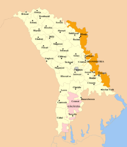 Location and extent of the Autonomous territorial unit with special juridical status Transnistria (brown) within Moldova (white).