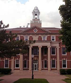 The entrance of Wallace Hall is modeled after the east portico of the ancient Erechtheum of the Athenian acropolis. The building houses historic classrooms used by all living alumni of Monmouth College.