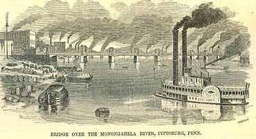  A historic 1857 scene of the Monongahela River in downtown Pittsburgh featuring a steamboat