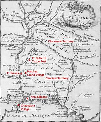 A black-and-white map of the lower Mississippi region labeled "Carte de la Louisiane"; labels have been added to mark major forts, settlements, and tribal territories