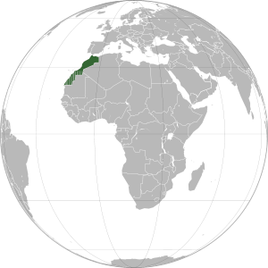 Dark green: Internationally recognized territory of Morocco.Lighter striped green: Western Sahara, a non-decolonized territory claimed by Morocco as its Southern Provinces.