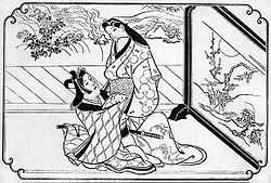 A black-and-white illustration of a pair of lovers in splendid dress at play.