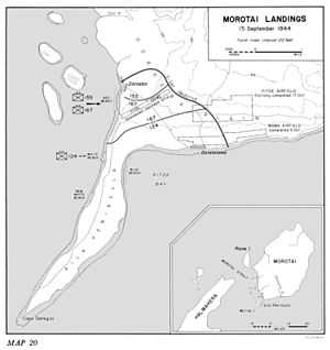 A map of south-west Morotai illustrating the locations where the three US Army regiments landed on 15 September, their D-Day objectives and the locations of the landing beaches and airfields named in the text.