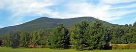 A distant tree-covered mountain with a slight bump on the left side of its summit and gentle slopes. There are trees and grass in front of it.