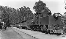 A WAGR Ms class Garratt locomotive with a passenger train at Mundaring Weir, 1930s.