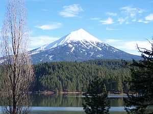 A blue lake with trees in the foreground and a forest on the far shore. A large snow covered mountain rises behind it.