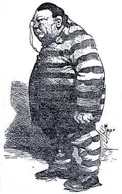 Caricature of a big, heavyset man in a striped convict suit