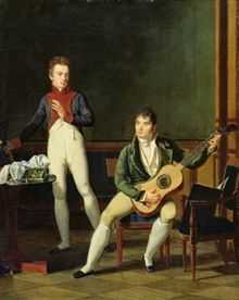 An oil painting depicting two men, dressed in 19th century attire, gathered around a table. The man on the right is playing the guitar.