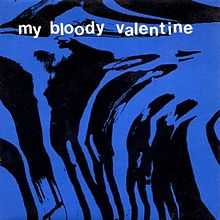 A warped black and blue image of four musicians. White lowercase text above reads "my bloody valentine".