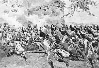 Armed men attempt to storm the fortified granary.