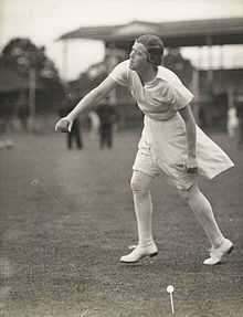 Black and white photograph of Myrtle Maclagan bowling