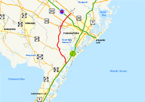 The southern part of New Jersey showing major roads. NJ 50 runs from the Garden State Parkway near the coast north to US 30.