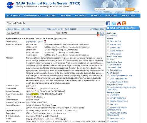 Screen shot of NTRS record display after database search