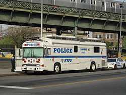 NYPD Blue Bird All American RE mobile command post #4077 in Brooklyn, New York.