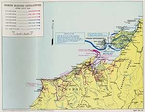 Map of the Brunei Bay area marked with coloured arrows and dates showing the movements of the main units involved in the Battle of North Borneo, including those described in this article